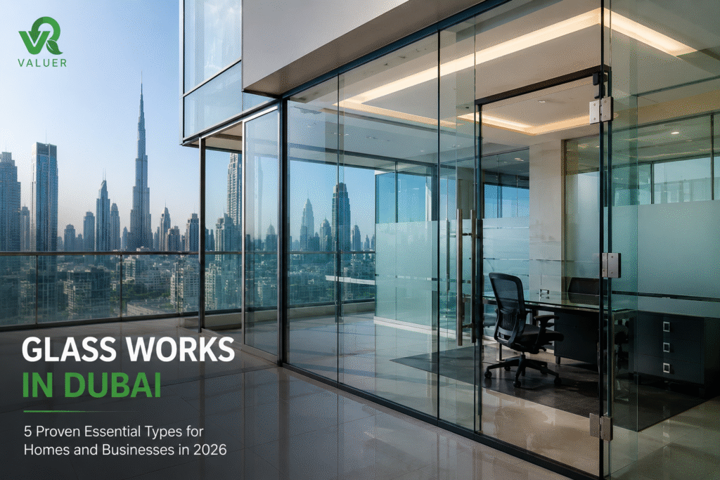 glass works in Dubai - Valuer UAE glass doors windows partitions curtain wall supplier