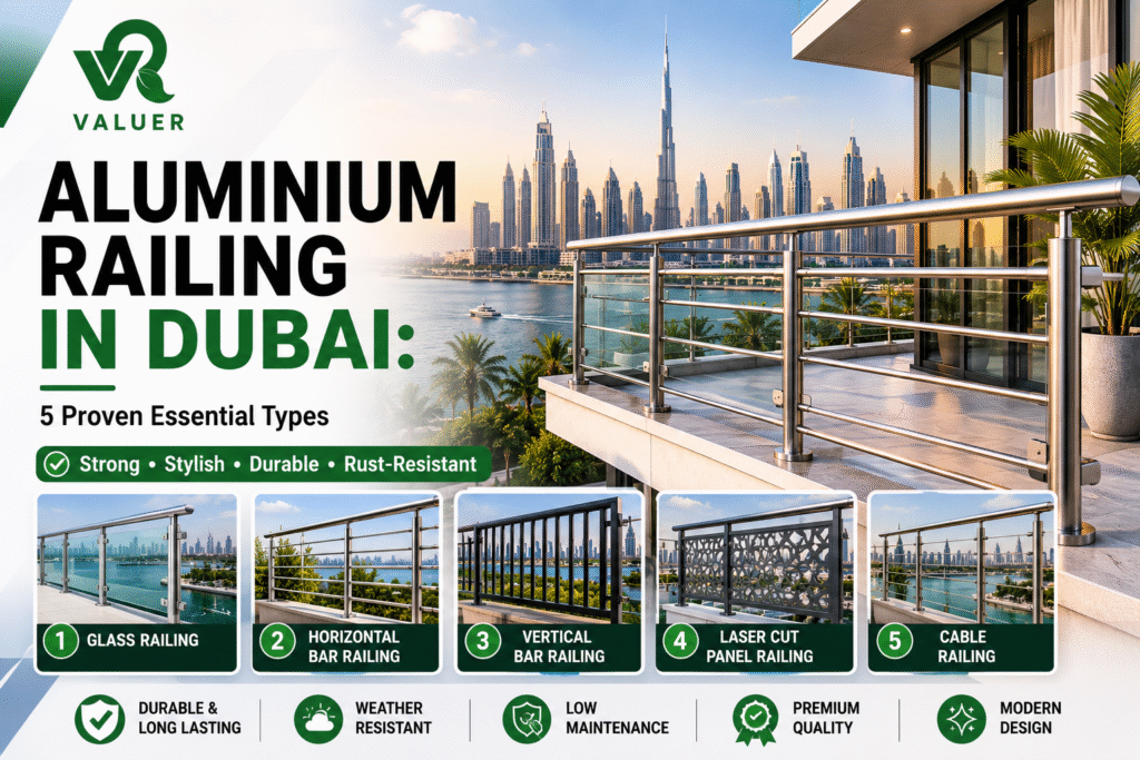 aluminium railing in Dubai - Valuer UAE glass aluminium balcony staircase railing supplier