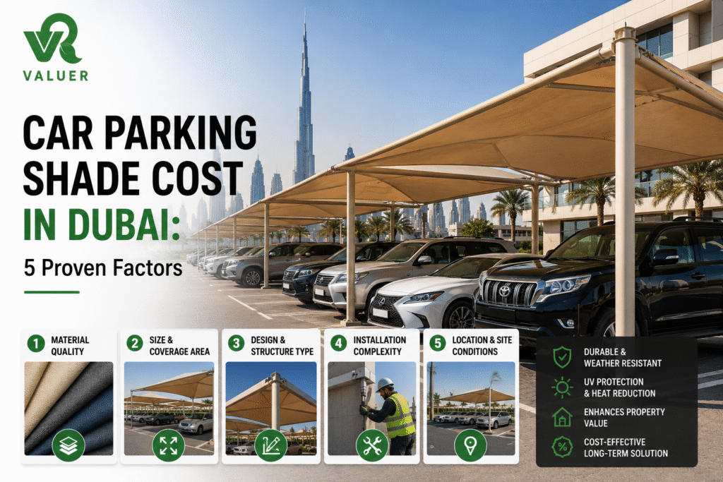 car parking shade cost in Dubai - Valuer UAE cantilever pyramid HDPE PVC shade price guide