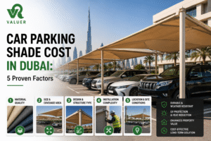 car parking shade cost in Dubai - Valuer UAE cantilever pyramid HDPE PVC shade price guide