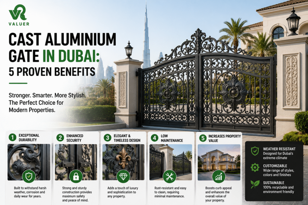 cast aluminium gate in Dubai - Valuer UAE ornate decorative villa entrance gate supplier installer