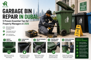 garbage bin repair in Dubai - Valuer UAE galvanized metallic bin wheel lid spring repair service