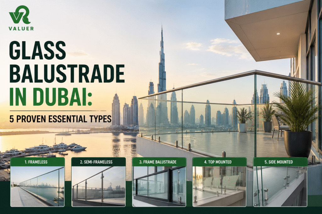 glass balustrade in Dubai - Valuer UAE frameless pool staircase balcony glass balustrade supplier