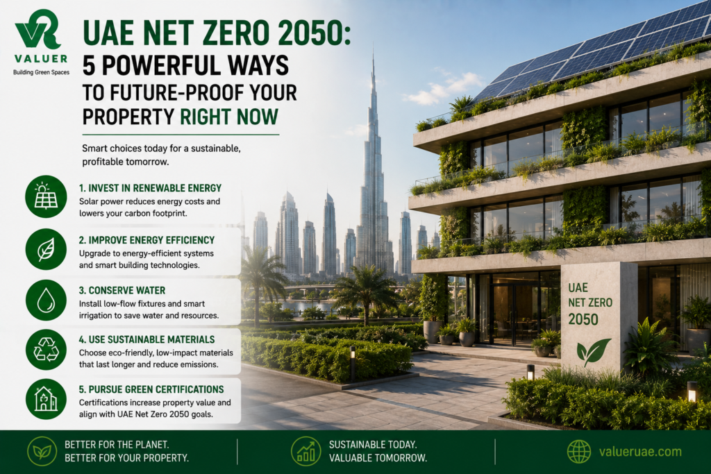 UAE Net Zero 2050 property guide - Valuer UAE sustainable WPC aluminium green building solutions