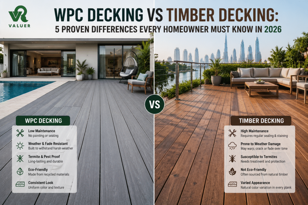 WPC decking vs timber decking comparison 2026 - Valuer UAE composite wood outdoor decking guide