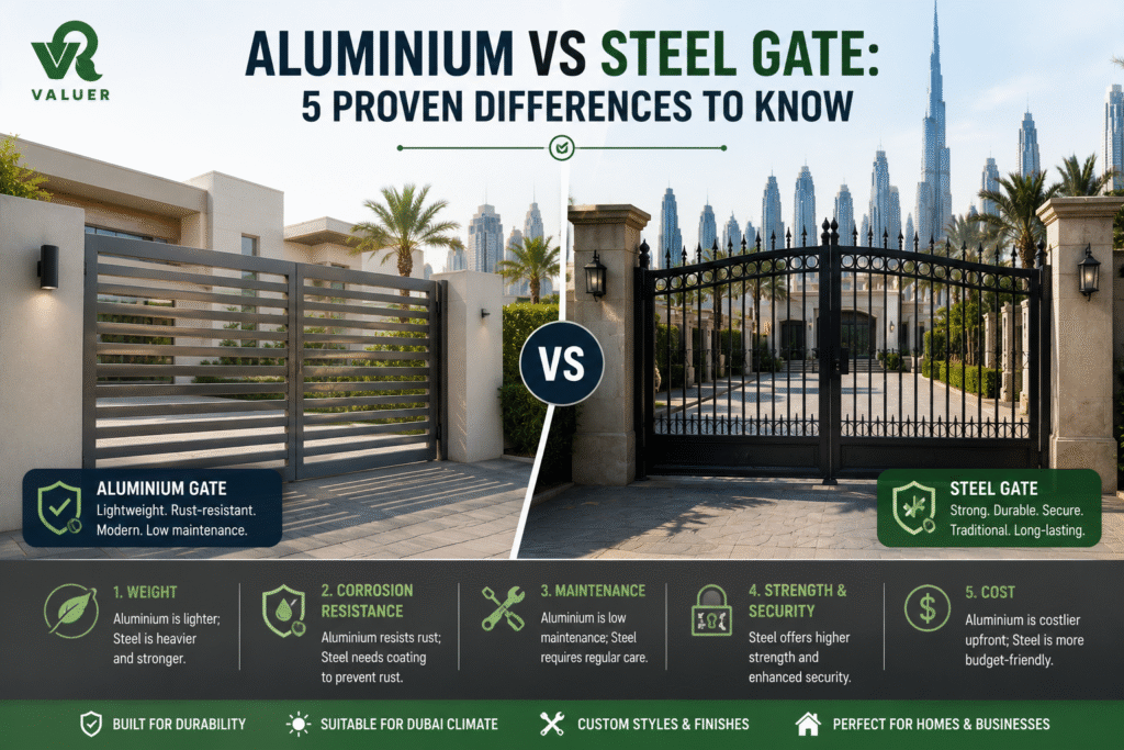 aluminium vs steel gate comparison - Valuer UAE gate material guide UAE