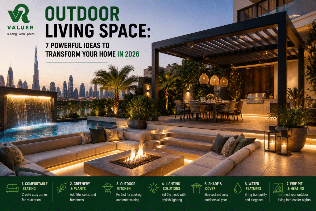 outdoor living space ideas 2026 - Valuer UAE WPC decking pergola pool fencing UAE villa garden