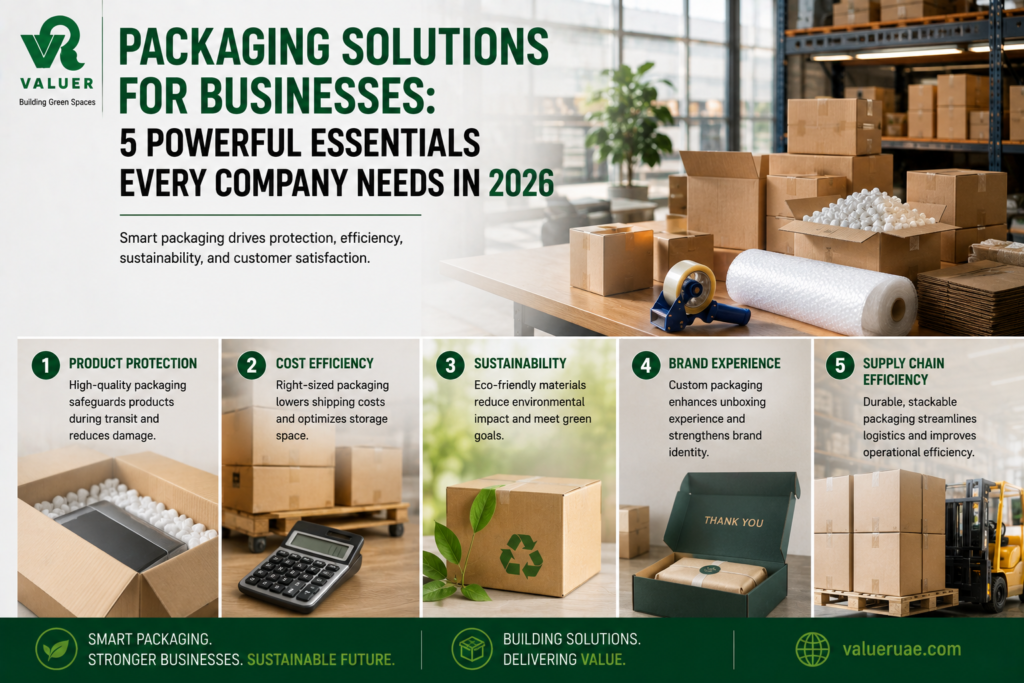 packaging solutions for businesses 2026 - Valuer UAE pallets crate boxes cartons white wood UAE