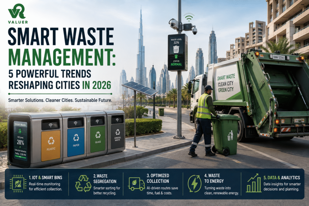 smart waste management 2026 - AI IoT sensors bins UAE sustainable cities
