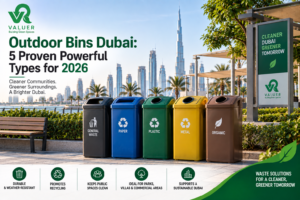 outdoor bins Dubai 2026 - Valuer UAE galvanized metallic bins plastic refuse litter bins hospitality parks guide
