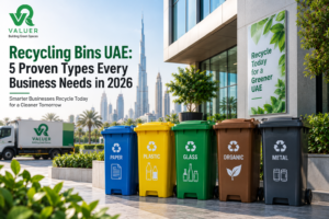 recycling bins UAE 2026 - Valuer UAE yellow plastic refuse bins galvanized metallic skips litter bins guide
