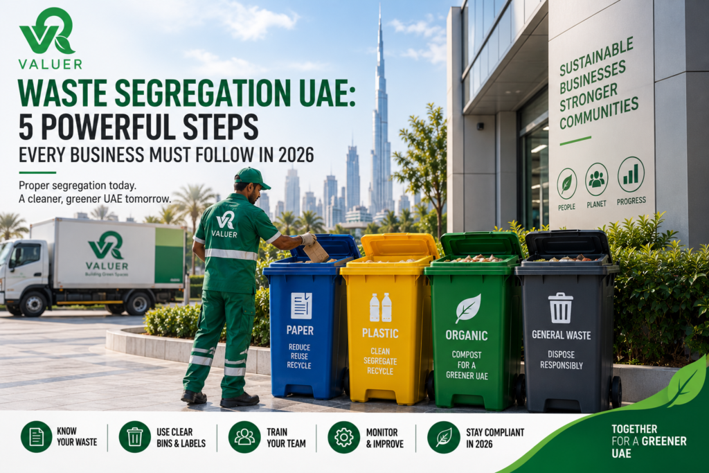 waste segregation UAE 2026 - Valuer UAE colour coded bins galvanized plastic refuse bins compliance guide