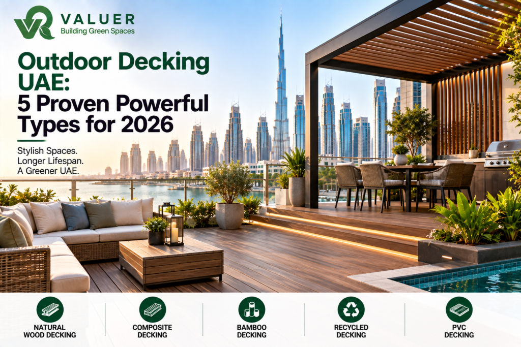 outdoor decking UAE 2026 - Valuer UAE WPC composite timber porcelain raised access outdoor decking guide