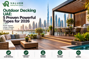 outdoor decking UAE 2026 - Valuer UAE WPC composite timber porcelain raised access outdoor decking guide