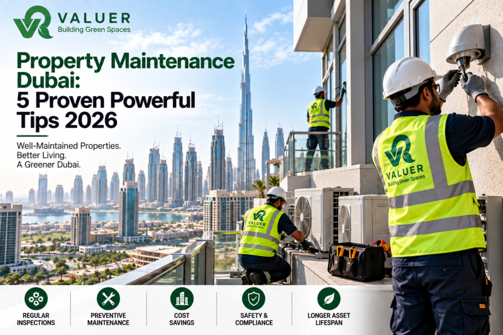 property maintenance Dubai 2026 - Valuer UAE waste bins aluminium systems WPC outdoor structures maintenance guide